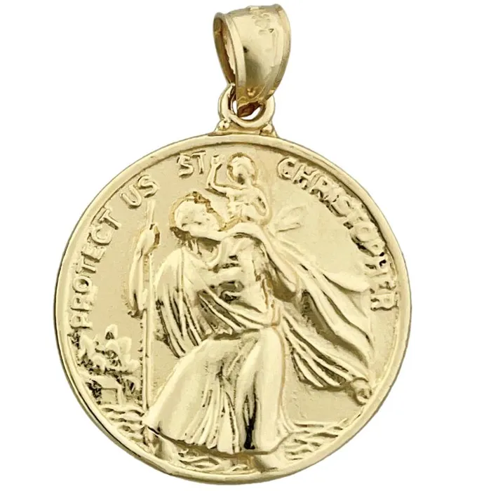 14K Gold 25MM Saint Christopher Protect Us Coin Medallion Goldia PreStyled Sets 14K Gold 25MM Saint Christopher Protect Us Coin Medallion Goldia PreStyled Sets
