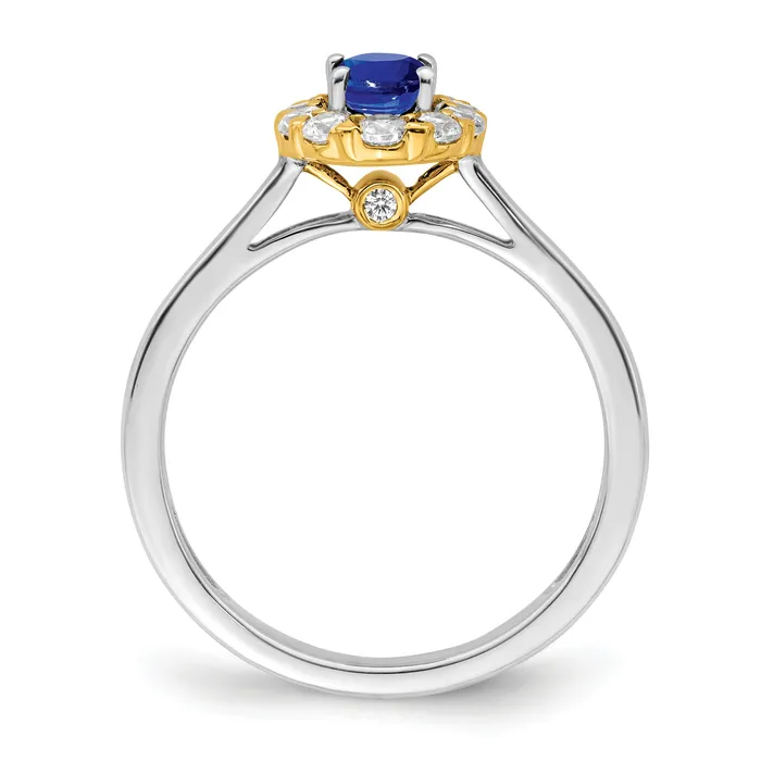 14k TwoTone 58 Ct Lab Grown Diamond VSSI G and Oval Lab Created Blue Sapphire Halo Fashion Ring Goldia Rings