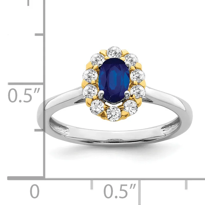 14k TwoTone 58 Ct Lab Grown Diamond VSSI G and Oval Lab Created Blue Sapphire Halo Fashion Ring Goldia Rings