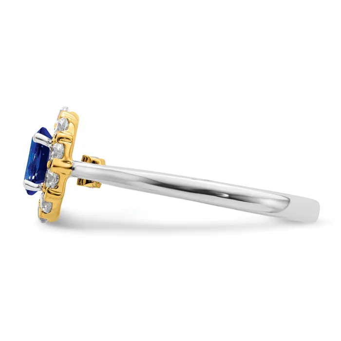 14k TwoTone 58 Ct Lab Grown Diamond VSSI G and Oval Lab Created Blue Sapphire Halo Fashion Ring Goldia Rings