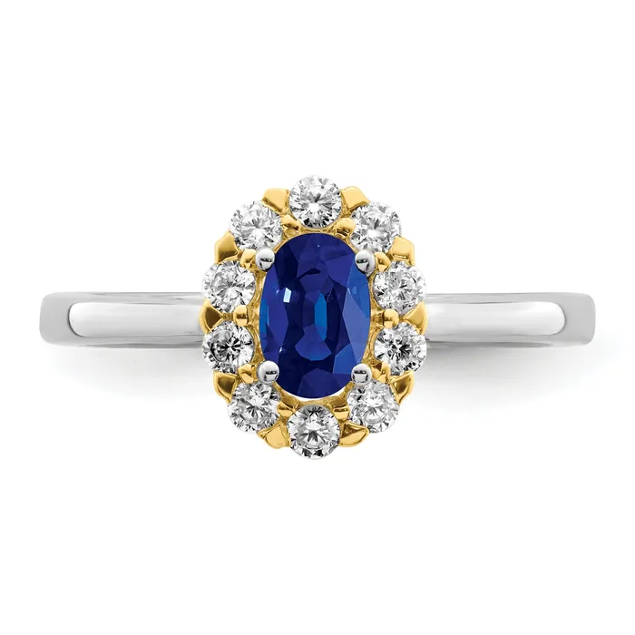 14k TwoTone 58 Ct Lab Grown Diamond VSSI G and Oval Lab Created Blue Sapphire Halo Fashion Ring Goldia Rings