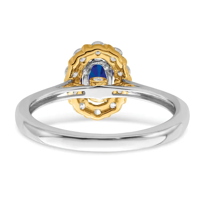 14k TwoTone 58 Ct Lab Grown Diamond VSSI G and Oval Lab Created Blue Sapphire Halo Fashion Ring Goldia Rings