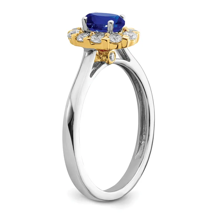 14k TwoTone 58 Ct Lab Grown Diamond VSSI G and Oval Lab Created Blue Sapphire Halo Fashion Ring Goldia Rings