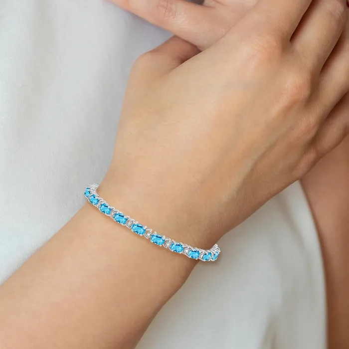 14k White Gold Oval Blue Topaz and Natural Diamond Bracelet goldiaca Bracelets