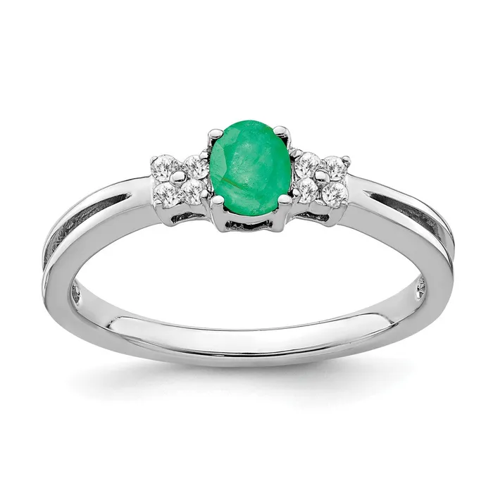 14k White Gold Oval Emerald and Real Diamond Ring Goldia Rings