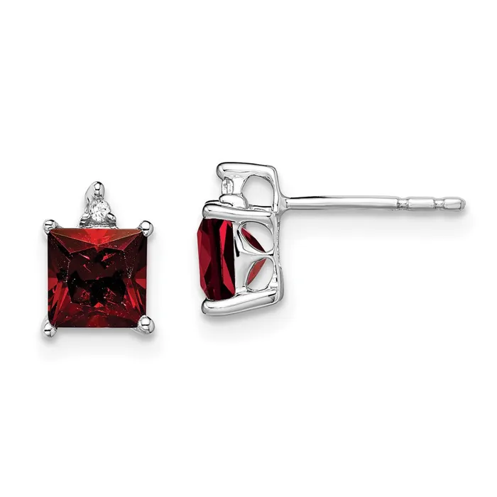 14k White Gold Princess Garnet and Real Diamond Earrings Goldia Earrings