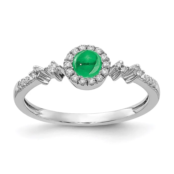 14k White Gold Real Diamond and Cabochon Emerald Halo Ring Goldia Rings