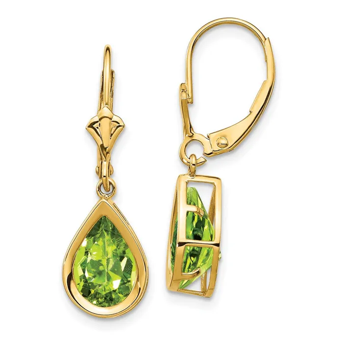 14k Yellow Gold 10x7mm Peridot Pear Leverback Earrings Goldia Earrings
