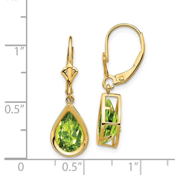 14k Yellow Gold 10x7mm Peridot Pear Leverback Earrings Goldia Earrings