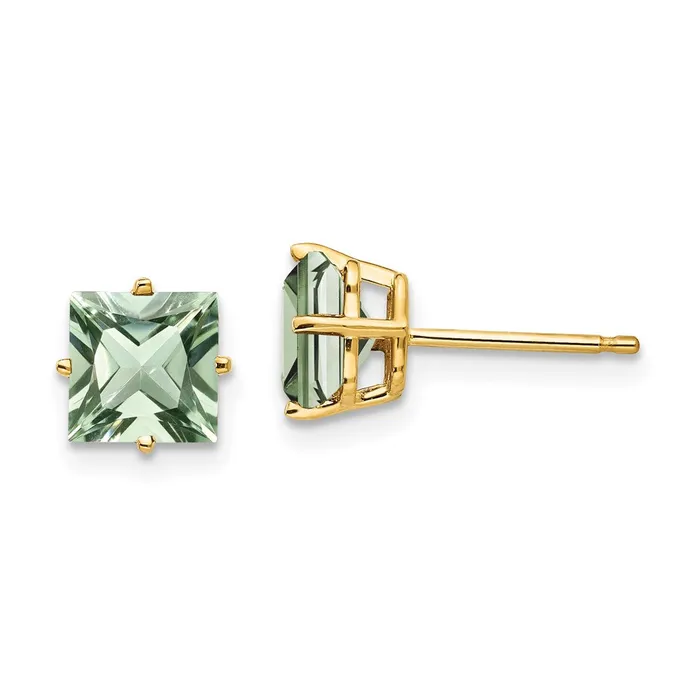 14k Yellow Gold 6mm Square Green Quartz Earrings Goldia Earrings