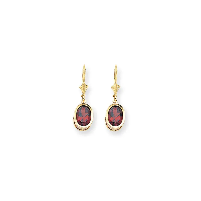 14k Yellow Gold 9x7mm Oval Garnet Leverback Earrings Goldia Earrings
