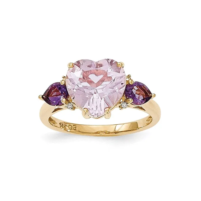 14K Yellow Gold Pink Quartz u0026 Amethyst and Real Diamond Ring Goldia Rings