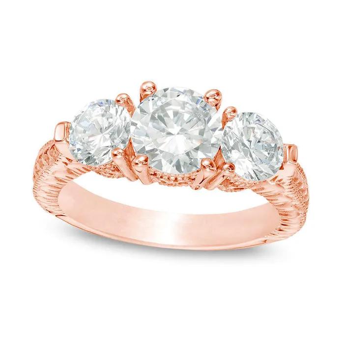 30 CT TW Natural Diamond Three Stone Antique VintageStyle Engagement Ring in Solid 14K Rose Gold Goldia Rings 30 CT TW Natural Diamond Three Stone Antique VintageStyle Engagement Ring in Solid 14K Rose Gold Goldia Rings