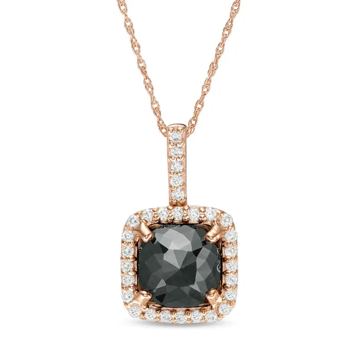 388 CT TW Enhanced Black and White CushionCut Natural Diamond Frame Drop Pendant in 14K Rose Gold Goldia Earrings