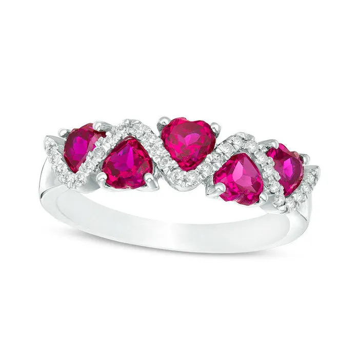45mm HeartShaped LabCreated Ruby and 007 CT TW Diamond ZigZag Motif Ring in Solid 10K White Gold Goldia Rings 45mm HeartShaped LabCreated Ruby and 007 CT TW Diamond ZigZag Motif Ring in Solid 10K White Gold Goldia Rings
