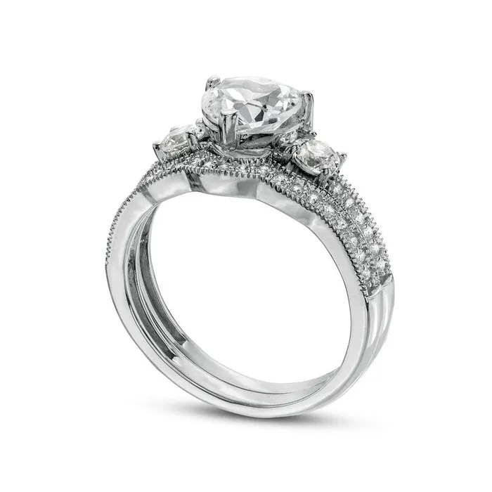 70mm HeartShaped White LabCreated Sapphire Three Stone Antique VintageStyle Bridal Engagement Ring Set in Sterling Silver Goldia Rings 70mm HeartShaped White LabCreated Sapphire Three Stone Antique VintageStyle Bridal Engagement Ring Set in Sterling Silver Goldia Rings