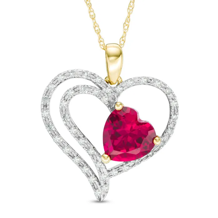 70mm LabCreated Ruby and 017 CT TW Diamond MultiRow Heart Pendant in 10K Yellow Gold Goldia Necklaces 70mm LabCreated Ruby and 017 CT TW Diamond MultiRow Heart Pendant in 10K Yellow Gold Goldia Necklaces