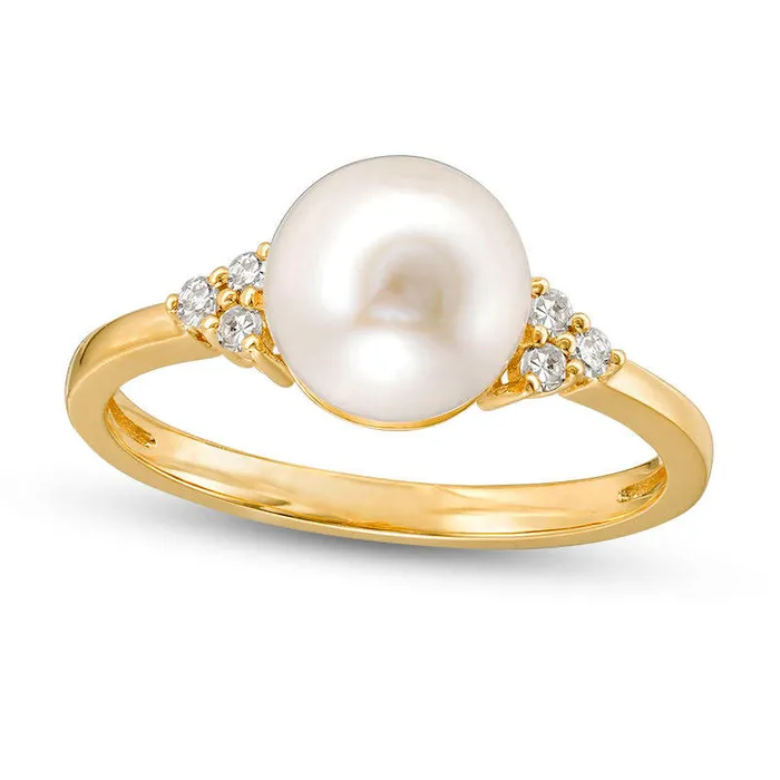 75 80mm Cultured Freshwater Pearl and Natural Diamond Accent TriSides Ring in Solid 14K Gold Goldia Rings 75 80mm Cultured Freshwater Pearl and Natural Diamond Accent TriSides Ring in Solid 14K Gold Goldia Rings