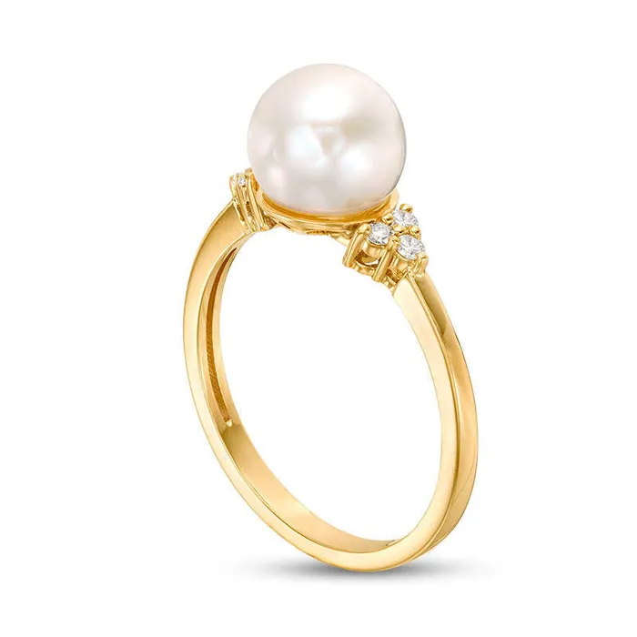75 80mm Cultured Freshwater Pearl and Natural Diamond Accent TriSides Ring in Solid 14K Gold Goldia Rings 75 80mm Cultured Freshwater Pearl and Natural Diamond Accent TriSides Ring in Solid 14K Gold Goldia Rings