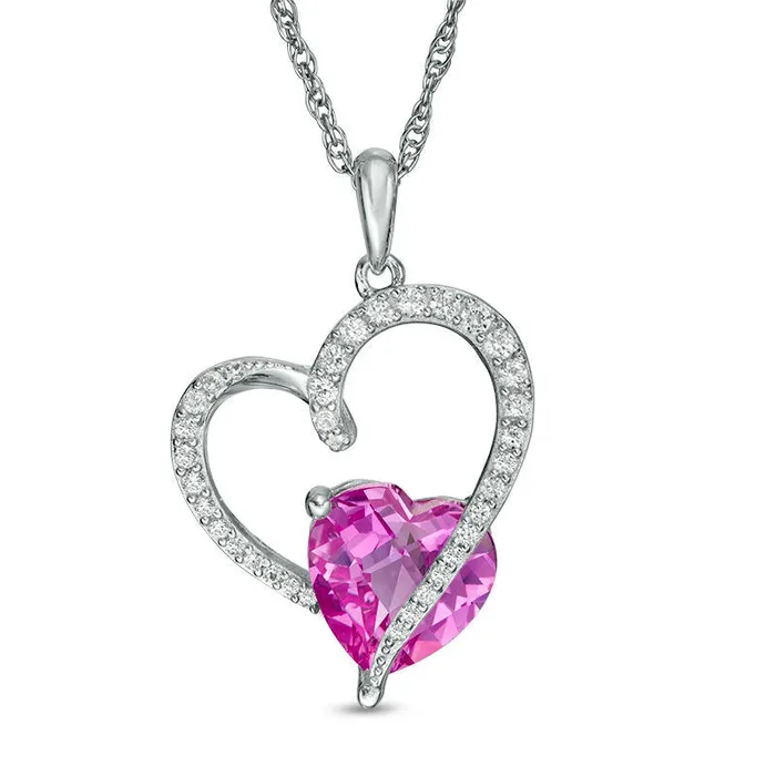 80mm LabCreated Pink and White Sapphire Tilted Heart Pendant in Sterling Silver Goldia Necklaces 80mm LabCreated Pink and White Sapphire Tilted Heart Pendant in Sterling Silver Goldia Necklaces