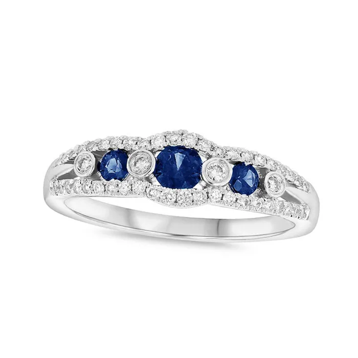 Blue Sapphire and 025 CT TW Natural Diamond Seven Stone Anniversary Ring in Solid 14K White Gold Goldia Rings Blue Sapphire and 025 CT TW Natural Diamond Seven Stone Anniversary Ring in Solid 14K White Gold Goldia Rings