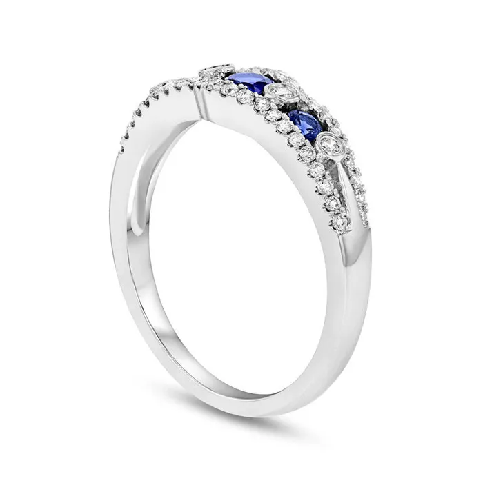 Blue Sapphire and 025 CT TW Natural Diamond Seven Stone Anniversary Ring in Solid 14K White Gold Goldia Rings Blue Sapphire and 025 CT TW Natural Diamond Seven Stone Anniversary Ring in Solid 14K White Gold Goldia Rings