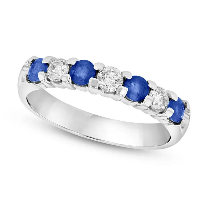 Blue Sapphire and 033 CT TW Natural Diamond Seven Stone Band in Solid 14K White Gold Goldia Rings Blue Sapphire and 033 CT TW Natural Diamond Seven Stone Band in Solid 14K White Gold Goldia Rings