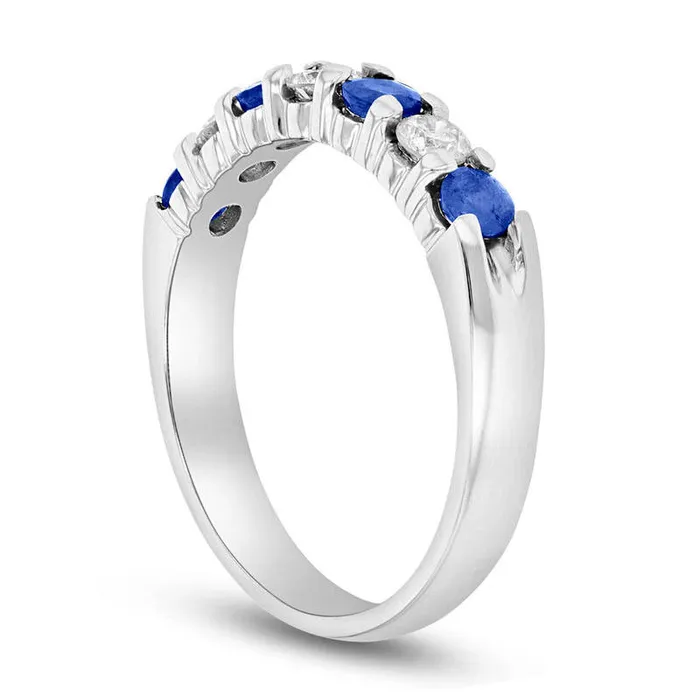 Blue Sapphire and 033 CT TW Natural Diamond Seven Stone Band in Solid 14K White Gold Goldia Rings Blue Sapphire and 033 CT TW Natural Diamond Seven Stone Band in Solid 14K White Gold Goldia Rings