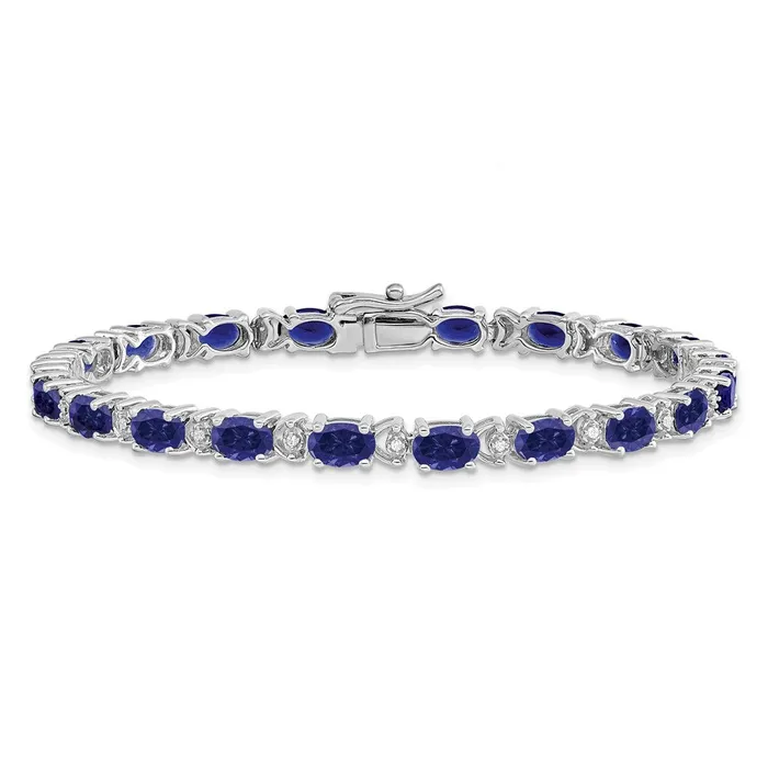 Bracelets goldiaca 14k White Gold Oval Created Sapphire and Natural Diamond Bracelet