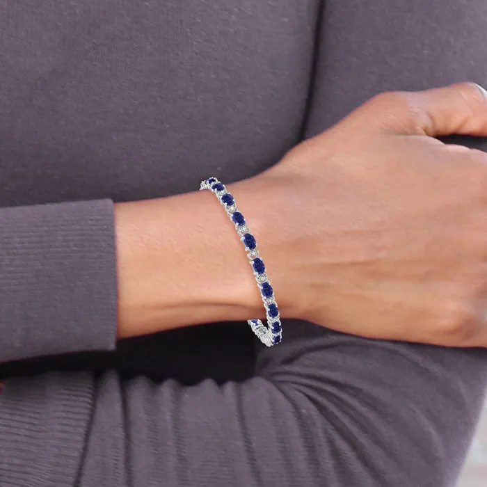 Bracelets goldiaca 14k White Gold Oval Created Sapphire and Natural Diamond Bracelet