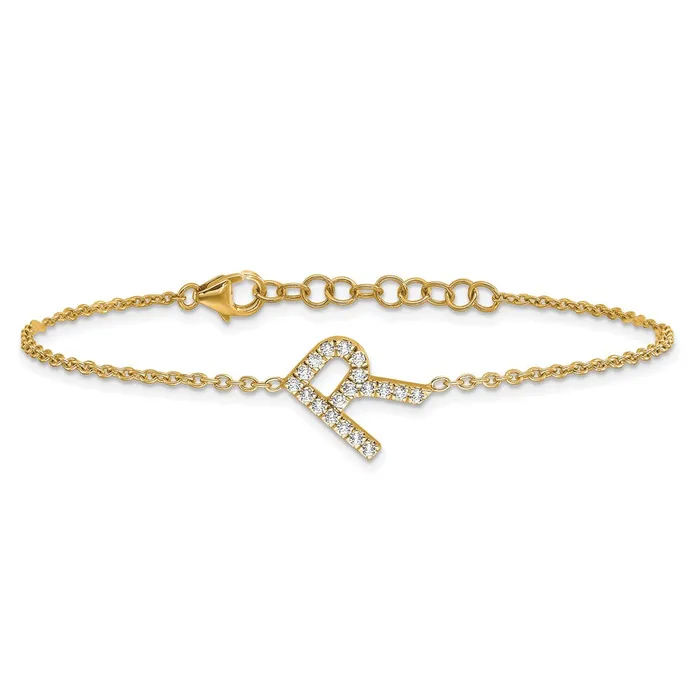 Bracelets goldiaca 14k Yellow Gold Natural Diamond Sideways Letter R w 1in ext Bracelet