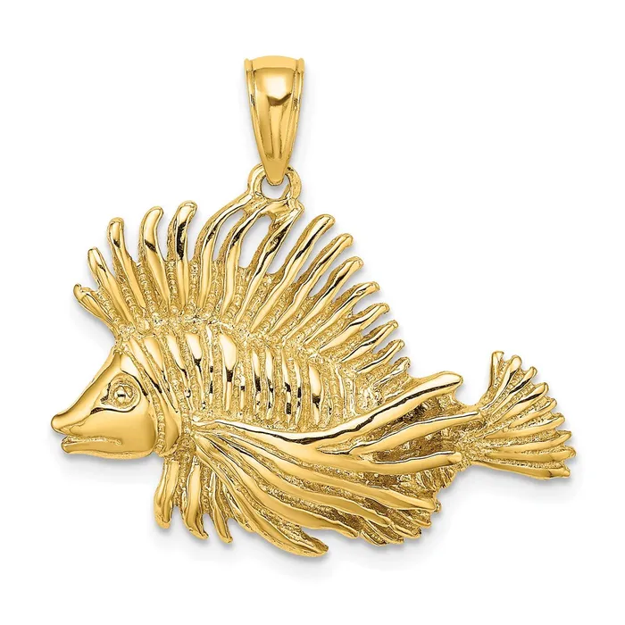 Charm Necklaces 14k Yellow Gold 2D Polished Textured Lion Fish Charm Goldia