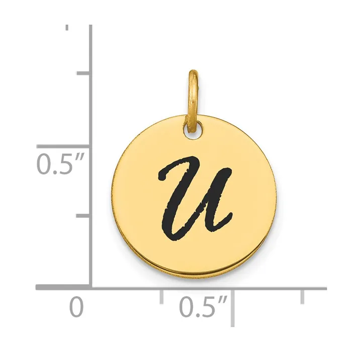 Charm Necklaces 14k Yellow Gold Polished Black Enamel Letter U Initial Disk Charm Goldia