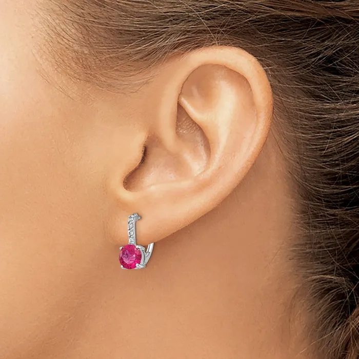 Cheryl M Sterling Silver Rhodiumplated Brilliantcut Lab Created Ruby and Brilliantcut White CZ Leverback Earrings Goldia Earrings