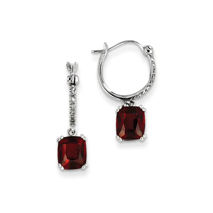 Earrings 14k White Gold Real Diamond and Garnet Dangle Hoop Earrings Goldia