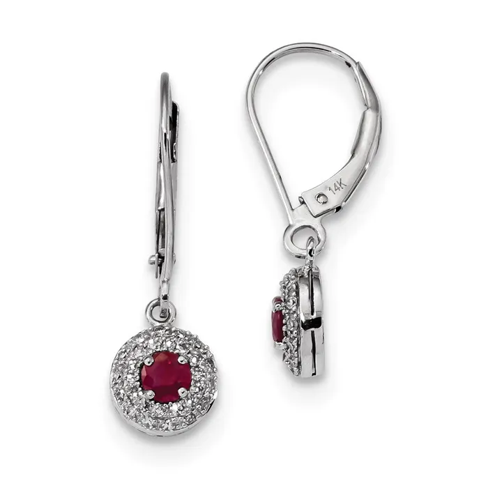 Earrings 14k White Gold Real Diamond Halo Ruby Leverback Dangle Earrings Goldia
