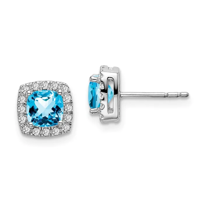Earrings Goldia 14k White Gold Cushion Blue Topaz and Real Diamond Halo Earrings