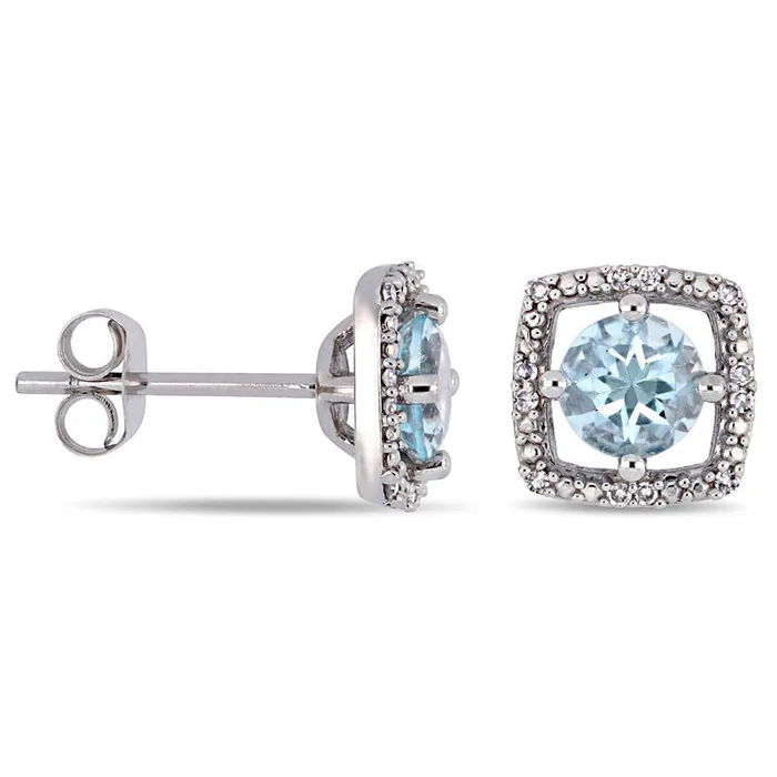 Earrings Goldia 50mm Aquamarine and 007 CT TW Diamond Cushion Frame Stud Earrings in 10K White Gold Earrings Goldia 50mm Aquamarine and 007 CT TW Diamond Cushion Frame Stud Earrings in 10K White Gold