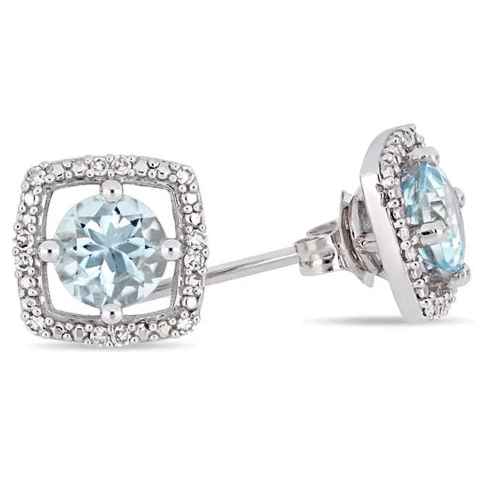 Earrings Goldia 50mm Aquamarine and 007 CT TW Diamond Cushion Frame Stud Earrings in 10K White Gold Earrings Goldia 50mm Aquamarine and 007 CT TW Diamond Cushion Frame Stud Earrings in 10K White Gold