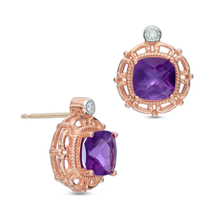 Earrings Goldia 60mm CushionCut Amethyst and Diamond Accent Stud Earrings in 10K Rose Gold Earrings Goldia 60mm CushionCut Amethyst and Diamond Accent Stud Earrings in 10K Rose Gold