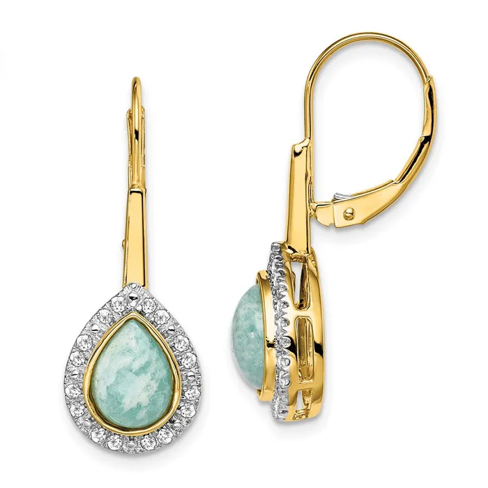 Earrings Goldia Solid 14k Yellow Gold Pear Amazonite and Simulated CZ LeverbacK Earrings