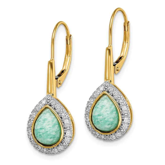 Earrings Goldia Solid 14k Yellow Gold Pear Amazonite and Simulated CZ LeverbacK Earrings