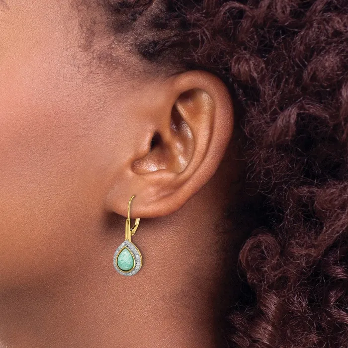 Earrings Goldia Solid 14k Yellow Gold Pear Amazonite and Simulated CZ LeverbacK Earrings