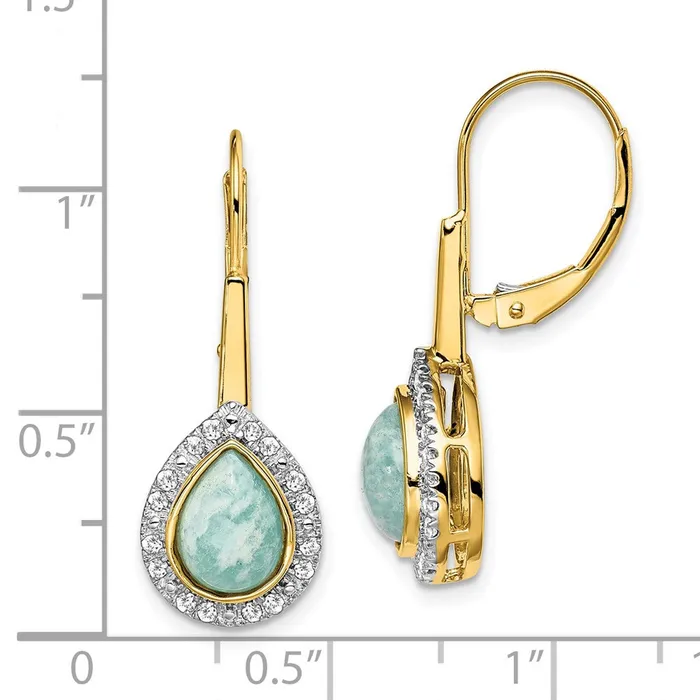 Earrings Goldia Solid 14k Yellow Gold Pear Amazonite and Simulated CZ LeverbacK Earrings