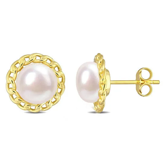 Earrings JMS always Original AMOUR 885mm Cultured Freshwater Pearl Halo Link Stud Earrings In Yellow Plated Sterling Silver Earrings JMS always Original AMOUR 885mm Cultured Freshwater Pearl Halo Link Stud Earrings In Yellow Plated Sterling Silver