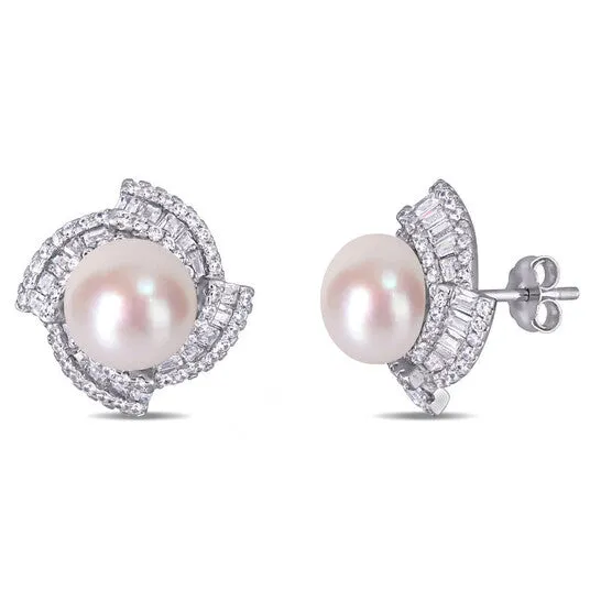Earrings Original AMOUR 95 10 Mm Cultured Freshwater Pearl and 2 18 CT TGW Cubic Zirconia Geometric Stud Earrings In Sterling Silver JMS always