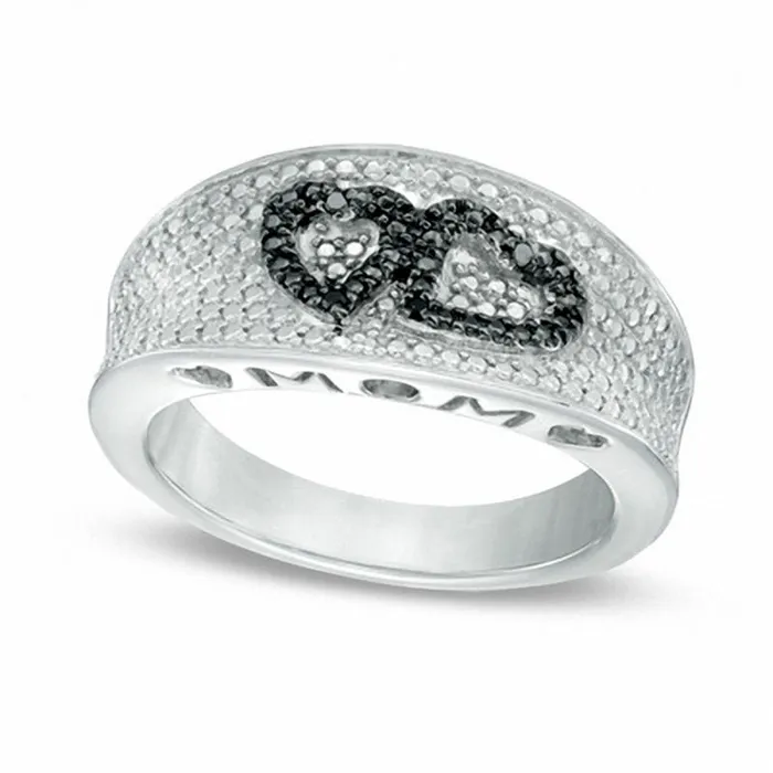 Enhanced Black and White Natural Diamond Accent Beaded Hearts MOM Ring in Sterling Silver Goldia Rings Enhanced Black and White Natural Diamond Accent Beaded Hearts MOM Ring in Sterling Silver Goldia Rings