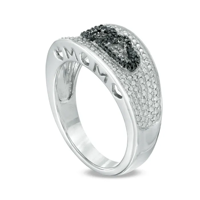 Enhanced Black and White Natural Diamond Accent Beaded Hearts MOM Ring in Sterling Silver Goldia Rings Enhanced Black and White Natural Diamond Accent Beaded Hearts MOM Ring in Sterling Silver Goldia Rings
