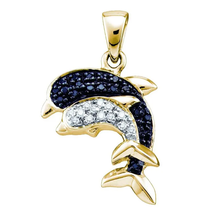 gndatlanta 10k Yellow Gold Black Diamond Dolphin Nautical Animal Pendant 110 Cttw Necklaces gndatlanta 10k Yellow Gold Black Diamond Dolphin Nautical Animal Pendant 110 Cttw Necklaces
