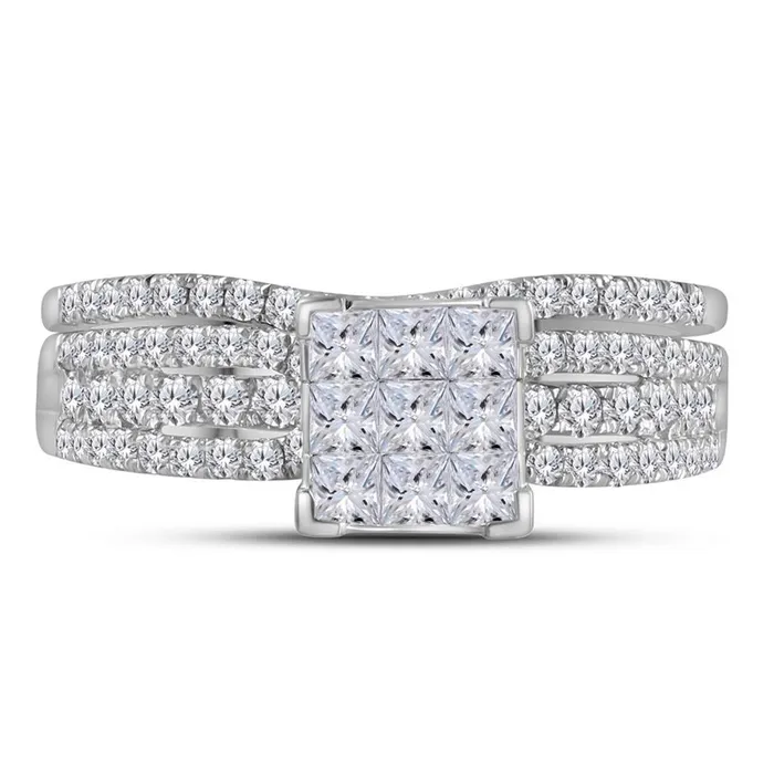 gndatlanta Rings 14k White Gold Princess Diamond Cluster Bridal Wedding Ring Set 1 Cttw gndatlanta Rings 14k White Gold Princess Diamond Cluster Bridal Wedding Ring Set 1 Cttw